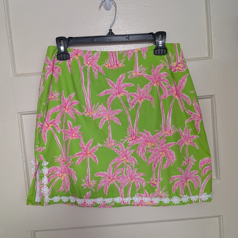 Lilly Pulitzer Vintage Palm Tree Print Mini Skirt Lace Trim Green Pink Size 10